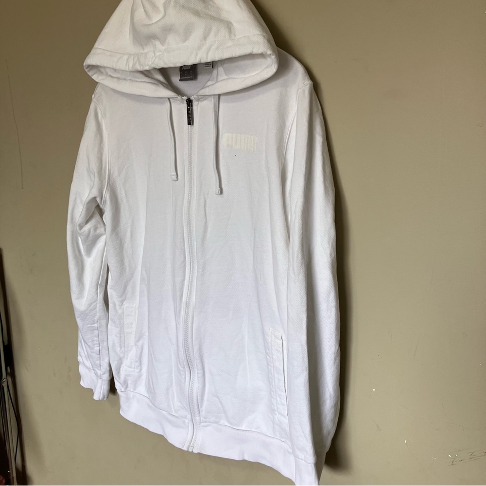 Puma White Full Zip Hoodie Sweatshirt Tonal Logo Activewear Jacket Size Medium